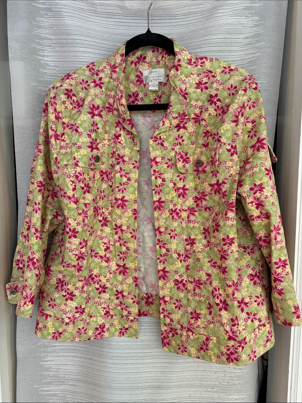 Christopher & Banks Pink and Green Floral Button-Front Shirt Jacket